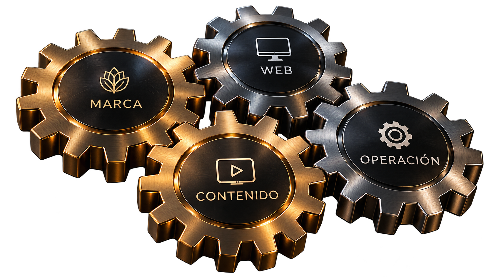 Engranajes que representan marca, web, contenido y operación